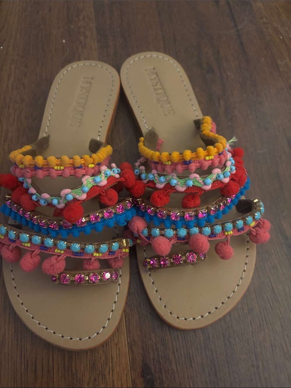 Mystique Boutique Multicolor Pom Pom Beaded Tan Slide Sandals